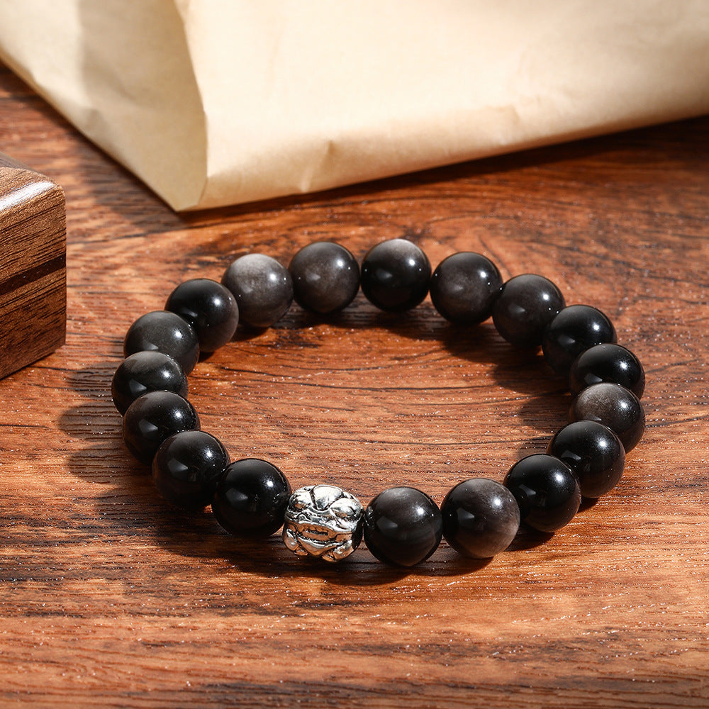Natural Obsidian Beaded Stretch Bracelet with Pixiu Charm for Men and Women