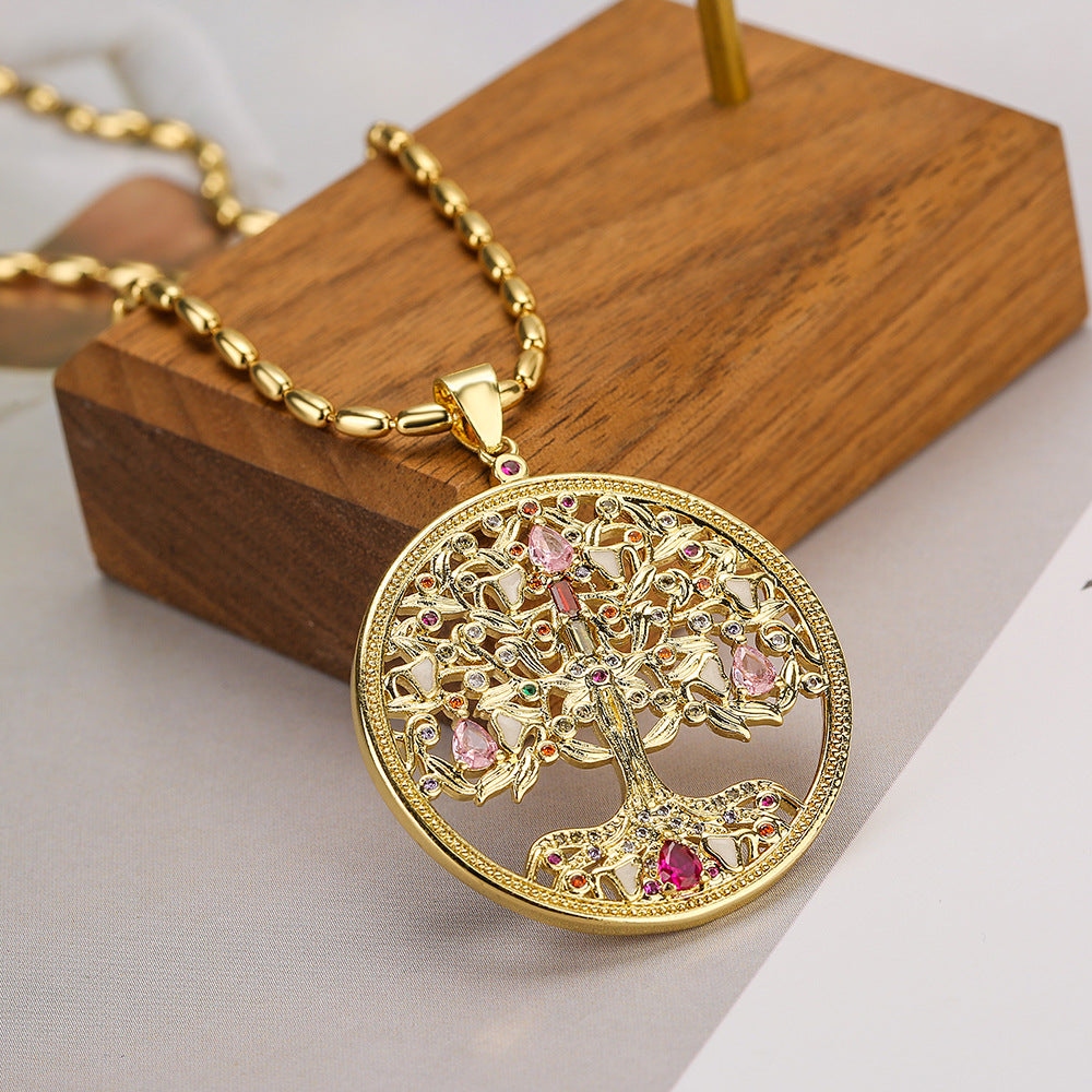 Minimalist Tree-Shaped Copper Pendant Necklace with Gold Plating and Zircon Accents for Women