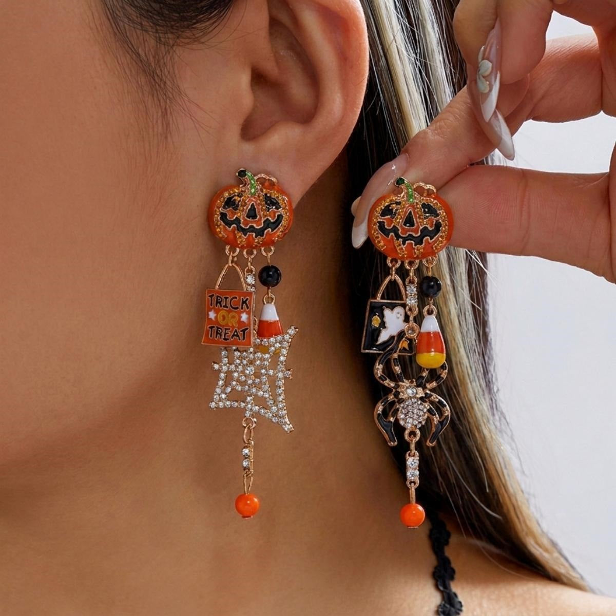 Halloween Geometric Pumpkin Skull Drip Oil Rhinestone Alloy Earrings Unisex