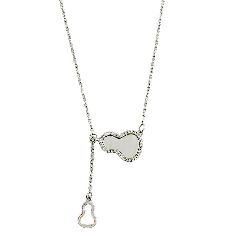 Unique Minimalist Titanium Steel Gourd Pendant Necklace with Shell Inlay and Tassel
