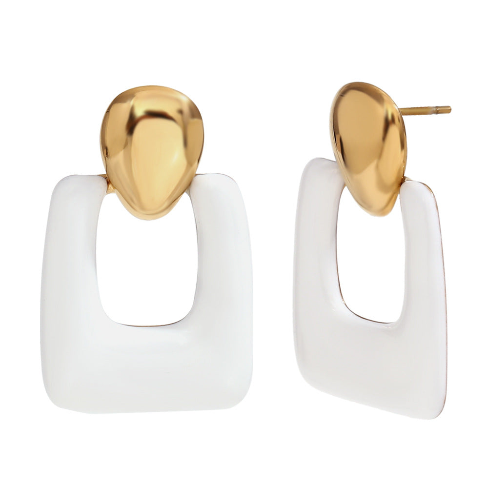 Fashionable Minimalist Geometric Stainless Steel Earrings with 18K Gold Plating and Enamel Coloring