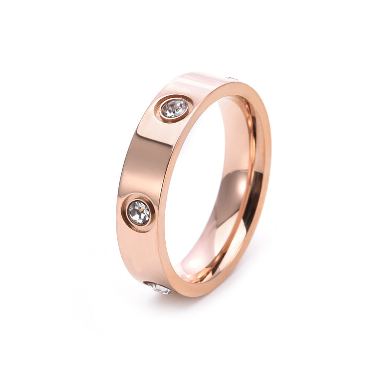 Luxury Minimalist Geometric Round Titanium Steel Plated Ring with 6 Rhinestones for Unisex