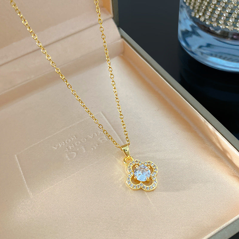 Sweet Minimalist Hollow Four-Leaf Clover Cubic Zirconia Plated Titanium Steel Necklace for Women