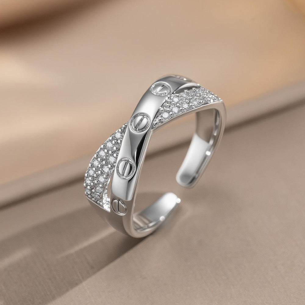 Minimalist Fashion 18K Gold Plated Geometric Letter Zircon Inlay Adjustable Ring for Women