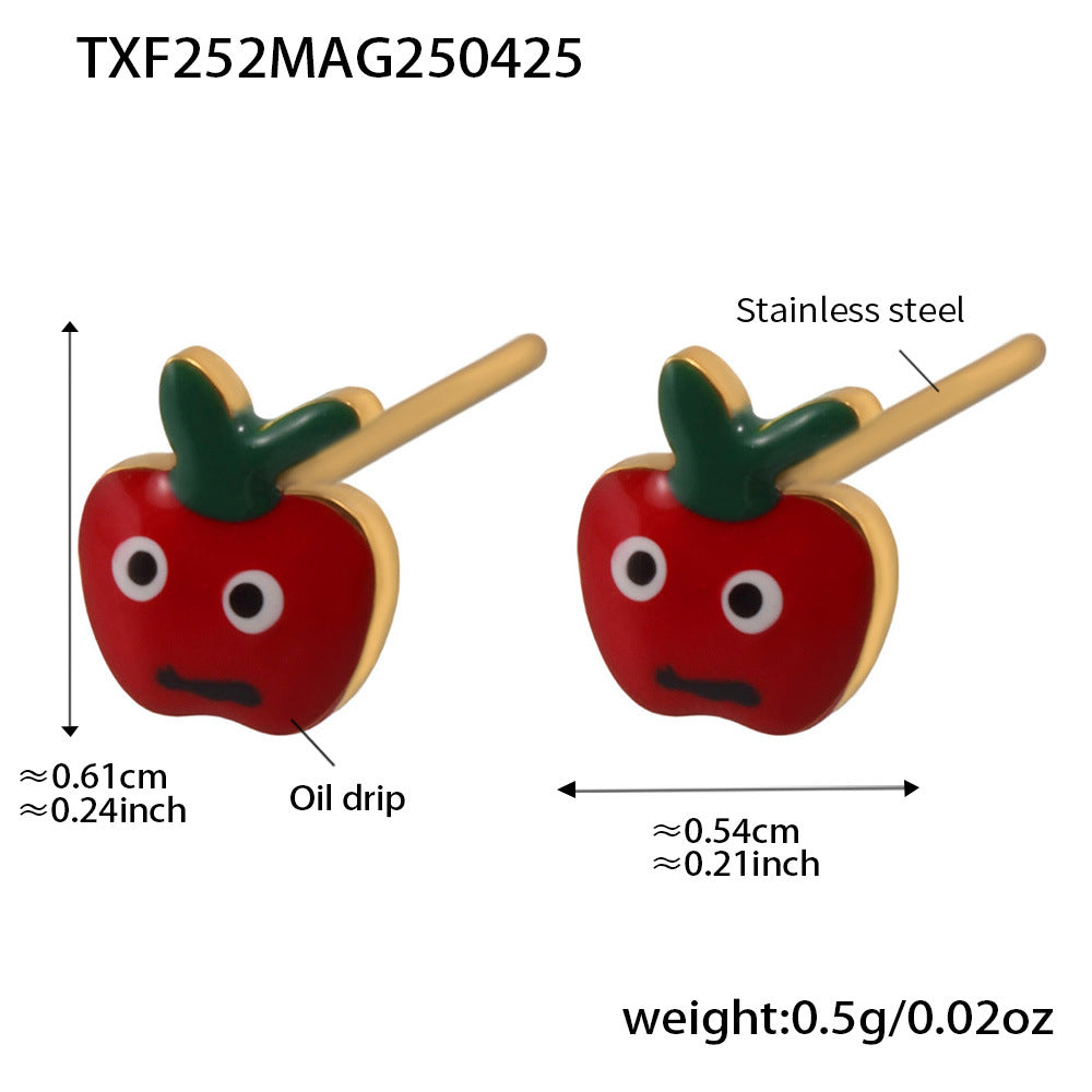 Conjunto de collar, pulsera, pendientes y anillo abierto con colgante en forma de manzana roja adorable para niñas, de acero inoxidable con acabado esmaltado
