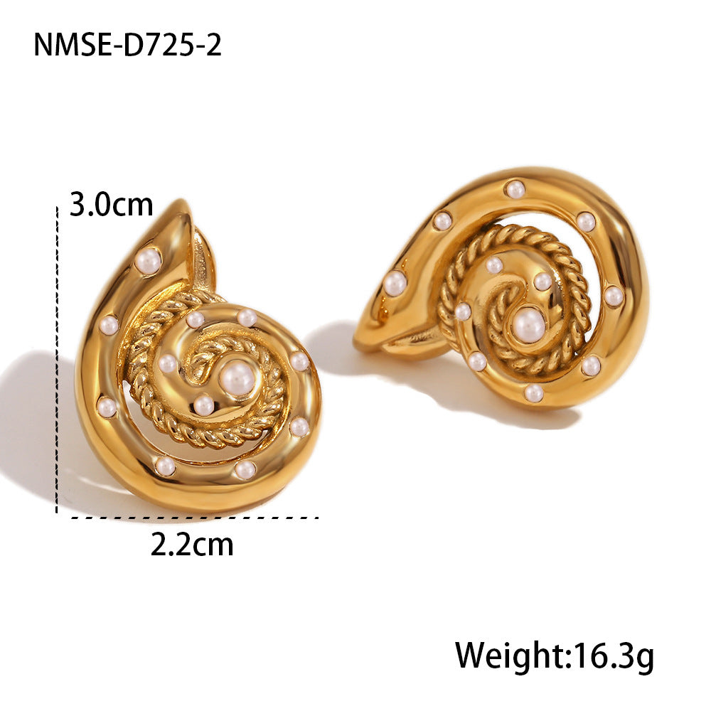 Orecchini alla moda a forma di conchiglia in acciaio al titanio da donna con intarsio in strass e finitura galvanica