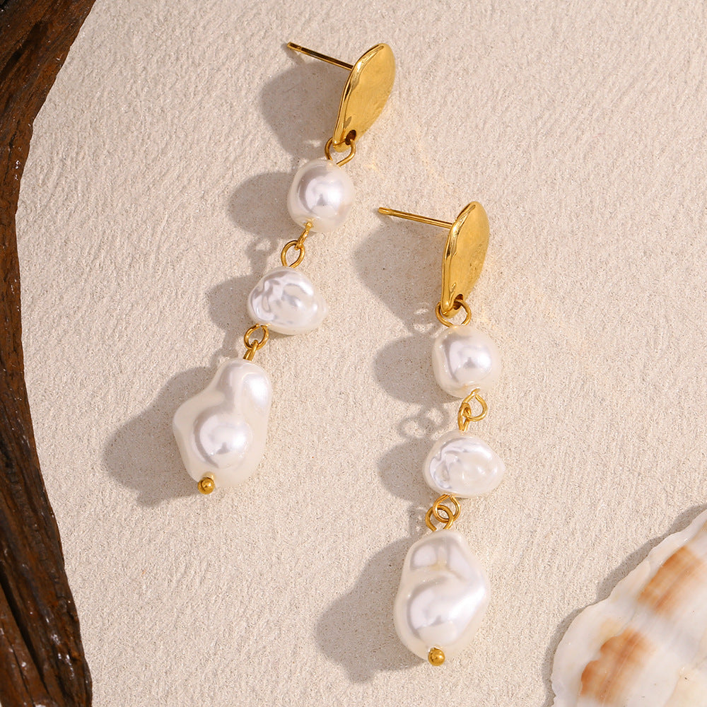 Fashionable OL Style Geometric Stainless Steel Earrings with 18K Gold Plating and Three Simulated Pearl Pendants for Women