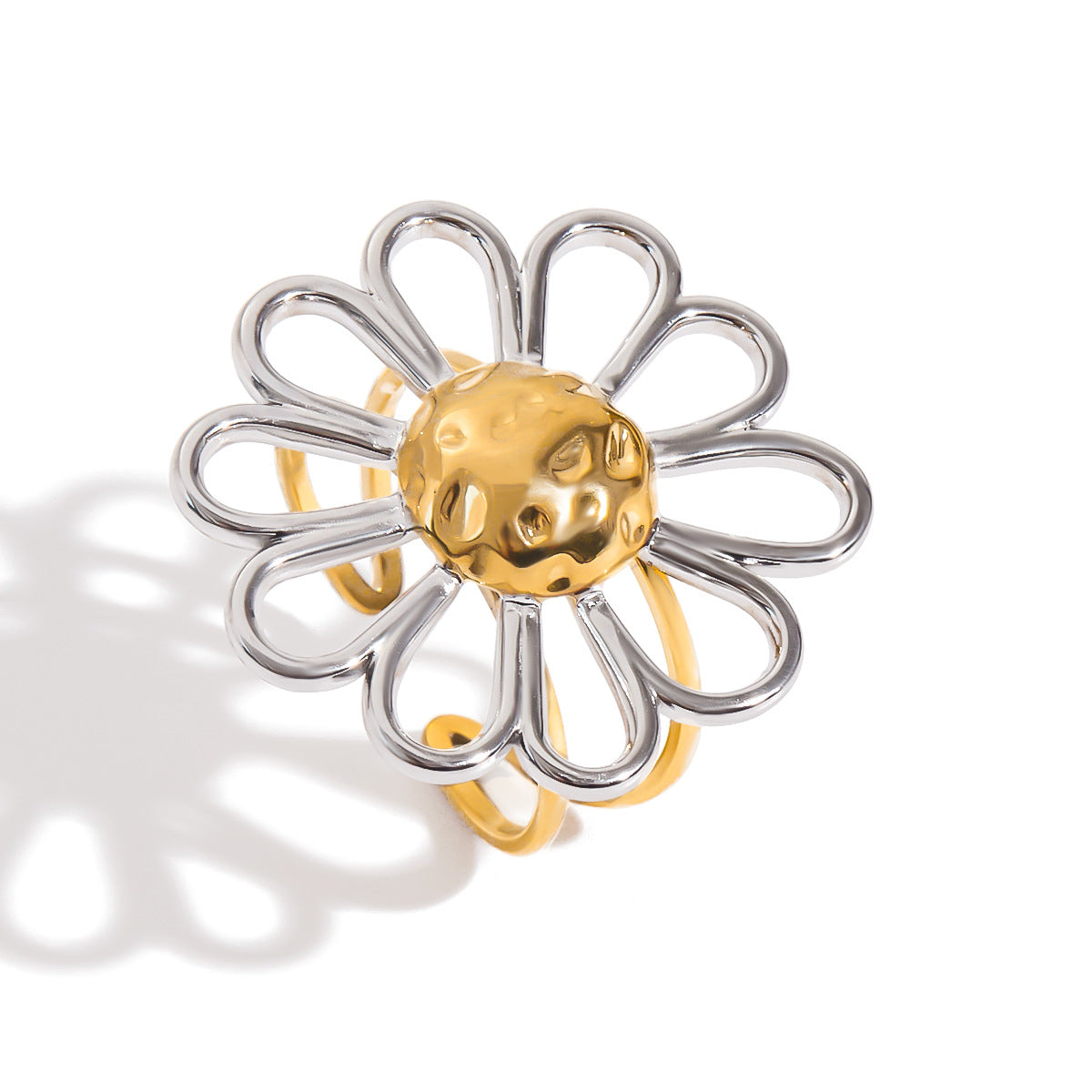 Anello da donna in acciaio al titanio con motivo geometrico floreale, finitura galvanica, accessorio di lusso e minimalista
