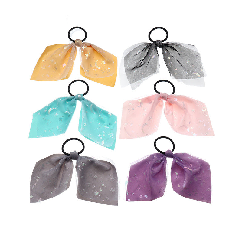 Set di Elastici per Capelli Fluorescenti con Stelle e Luna per Bambine con Dettagli in Nastro in Tessuto Stile Principessa