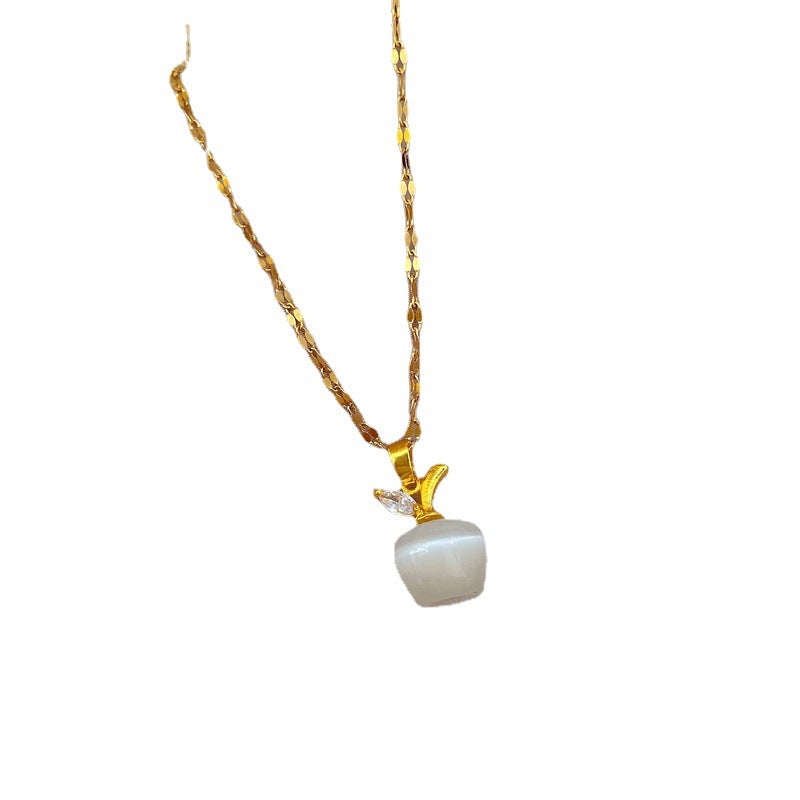 Collana Pendente a Occhio di Gatto Minimalista di Lusso in Acciaio al Titanio con Micro-Incastonatura a Pavé a Forma di Mela per Donna, Catena Clavicolare con Design Geometrico