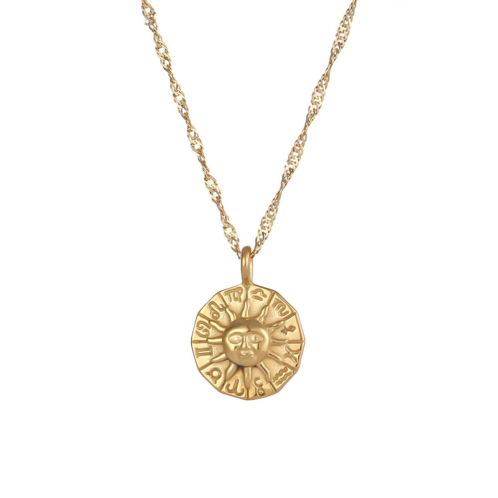 Vintage Fashion Sun Pendant Necklace with Zodiac Engraving in Stainless Steel with Plated Finish for Women