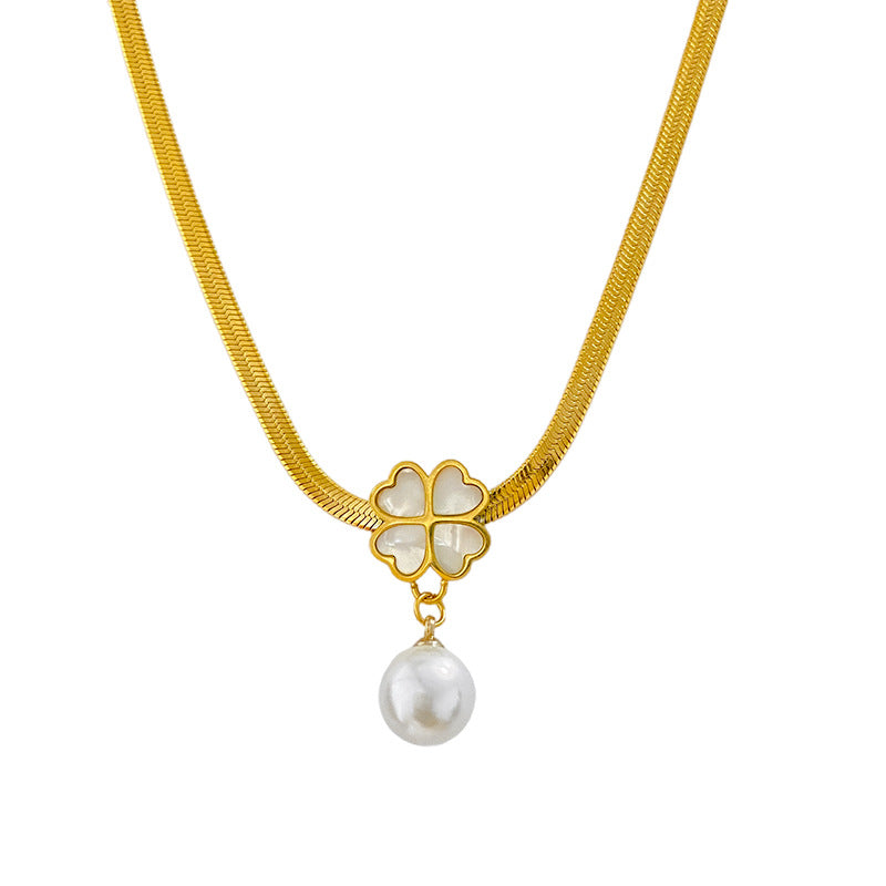 Elegant Gold Plated Four-Leaf Clover Pearl Tassel Necklace Titanium Steel Unisex