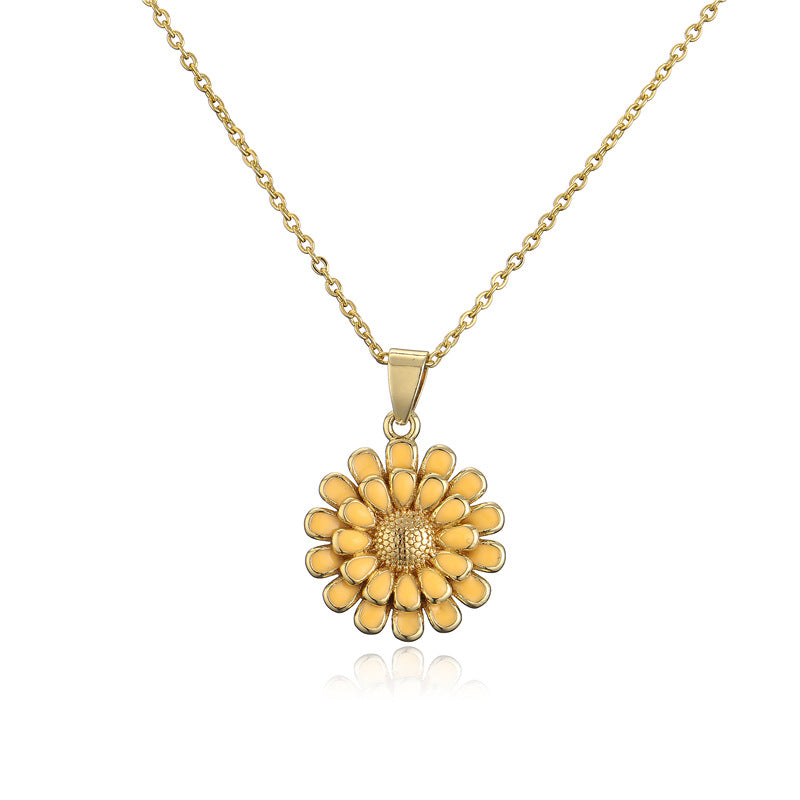 18K Gold Plated Brass Drip Oil Geometric Sunflower Pendant Box Chain Necklace