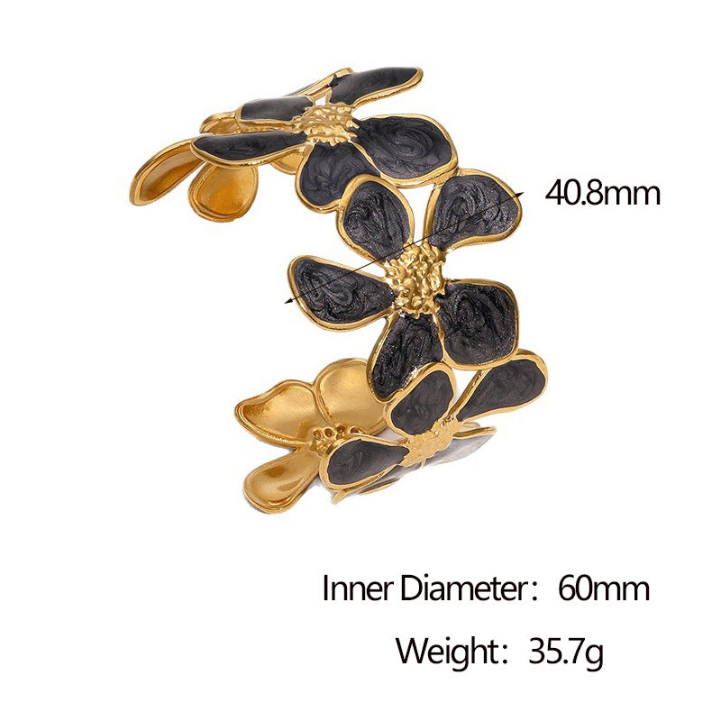 Minimalist 18K Gold Plated Stainless Steel Flower Open Cuff Bracelet Lightweight Fashion Jewelry