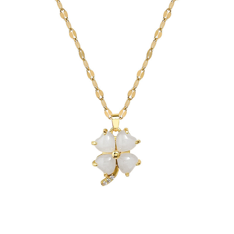 Lucky Clover Pendant Necklace for Women Stainless Steel Geometric Design with Rhinestone Inlay Elegant Clavicle Chain