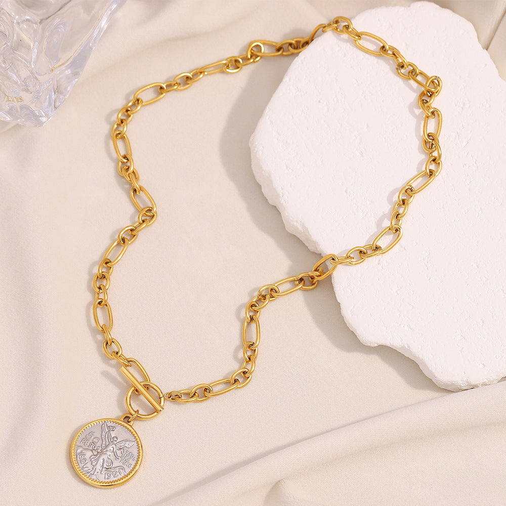 Collana Vintage con Moneta a Forma di Angelo Geometrico da Donna in Acciaio Inossidabile Placcato Oro 18K