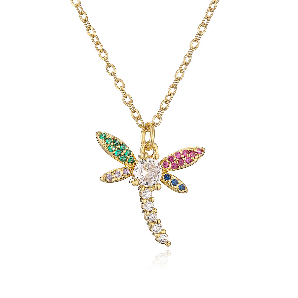 Collana con ciondolo a forma di libellula in rame, placcato oro vero e intarsi di zirconi per donna