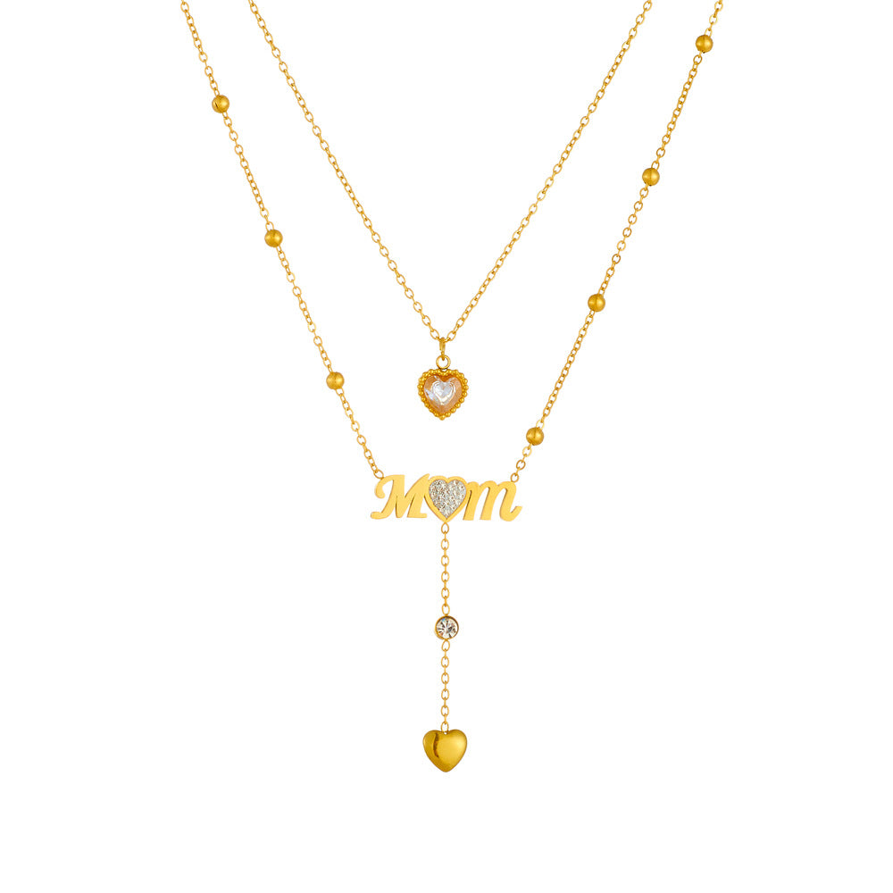 Minimalist Elegant Heart Letter Rhinestone Inlay Plated Stainless Steel Multi-Layer Necklace for Women