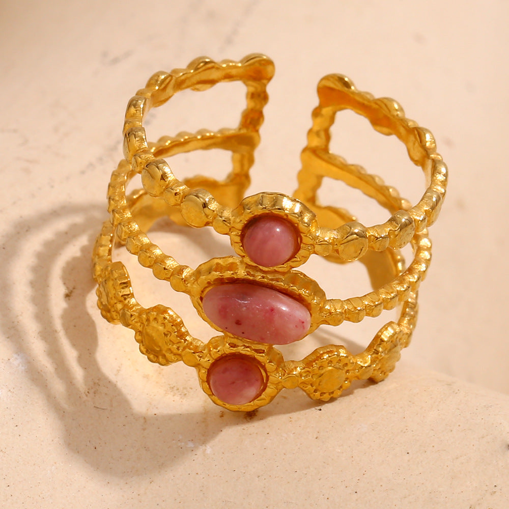 Anello Geometrico Vintage Francese in Acciaio Inossidabile con Placcatura in Oro 18K e Accento di Rubino