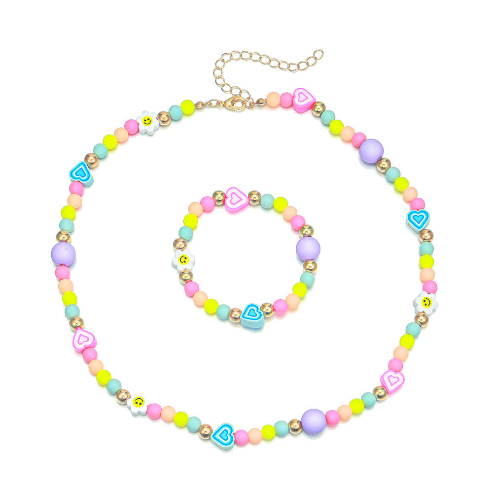 Set di collane in acrilico a forma di cuore stile cartone animato con ciondolo in argilla polimerica per ragazze, gioielli per bambini fatti a mano color macaron