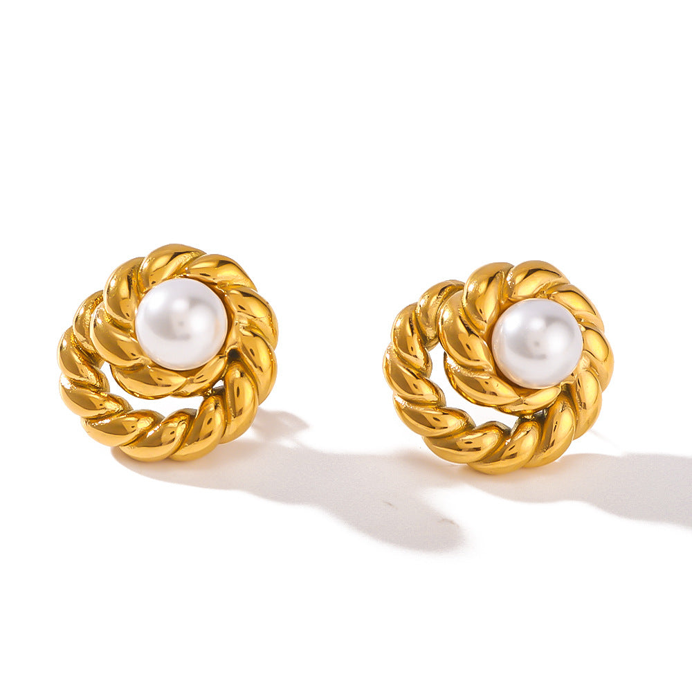 Vintage-Style Geometric Round Pearl Earrings for Women in Stainless Steel with 18K Vacuum Plating