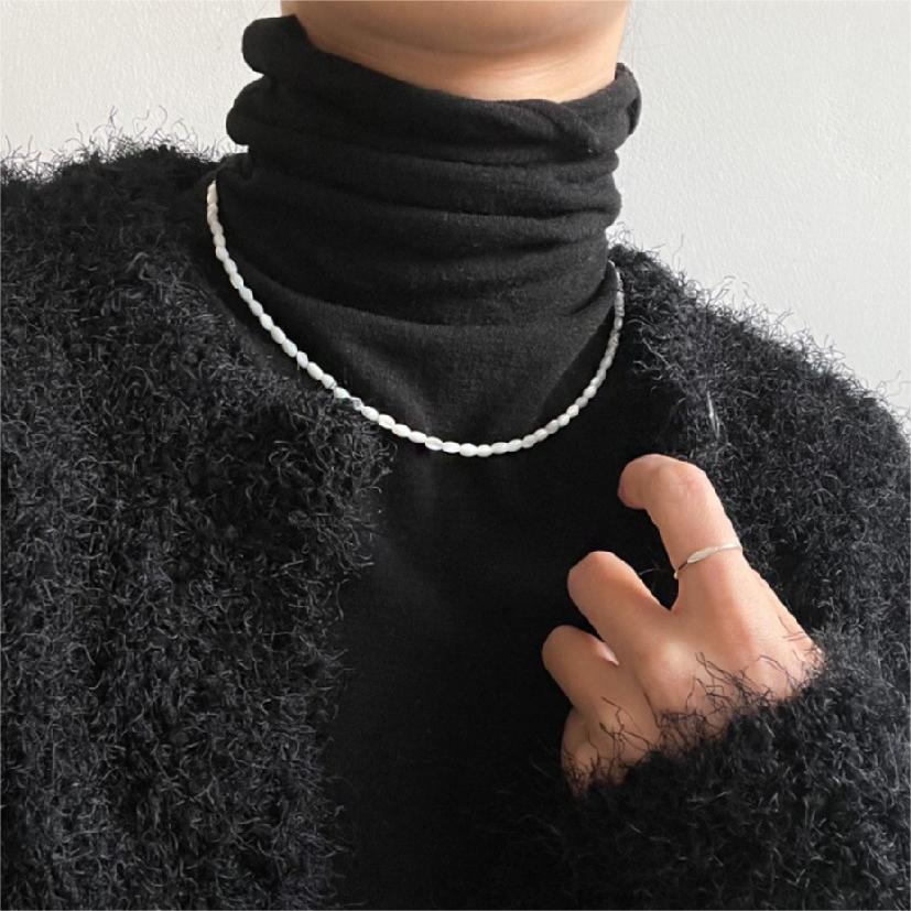 Minimalist Geometric White Seashell and Miyuki Bead Necklace in 925 Sterling Silver with Rhodium Plating on Snake Chain