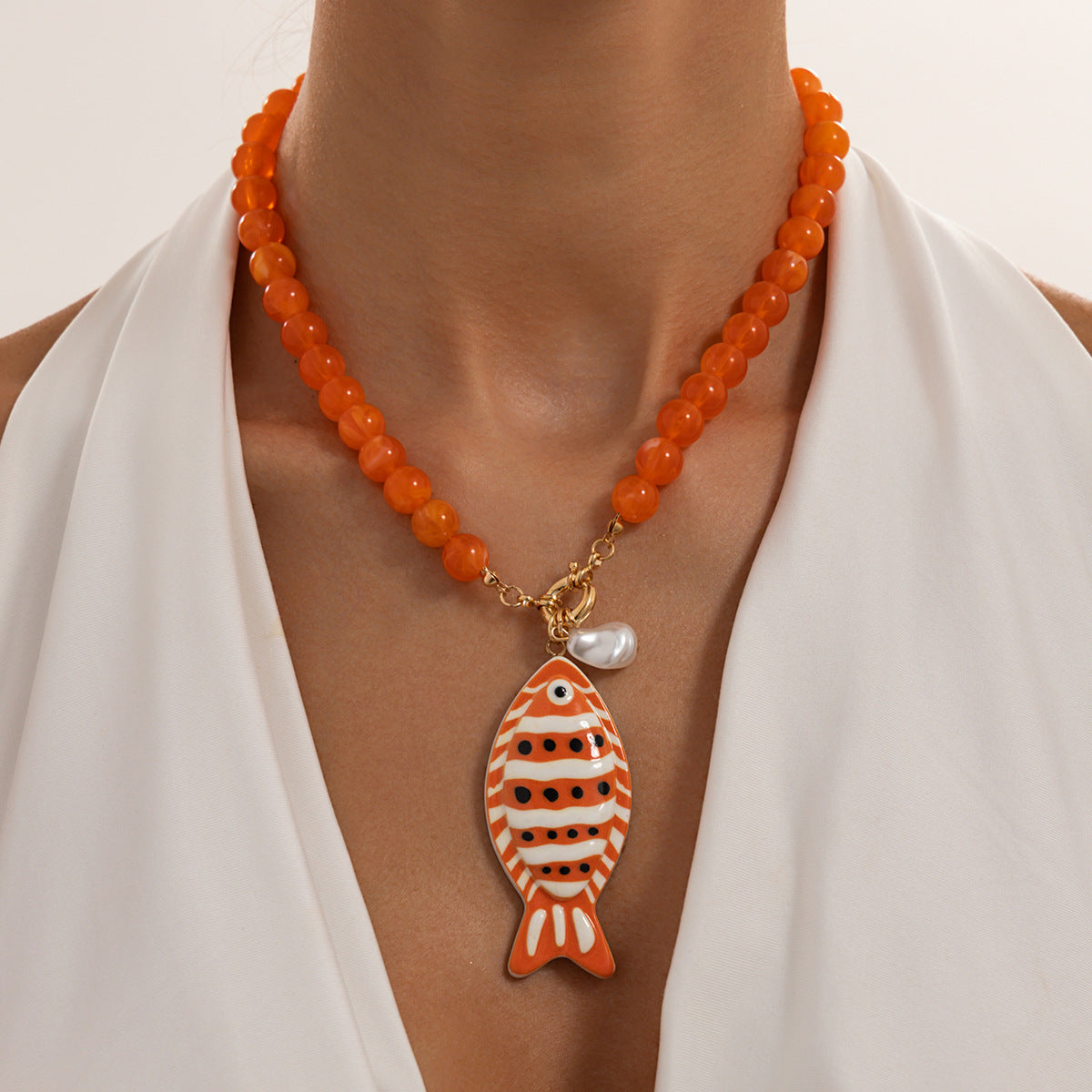 Sweet Casual Acrylic Fish Pendant Necklace Colorful Beaded Chain Women's Jewelry