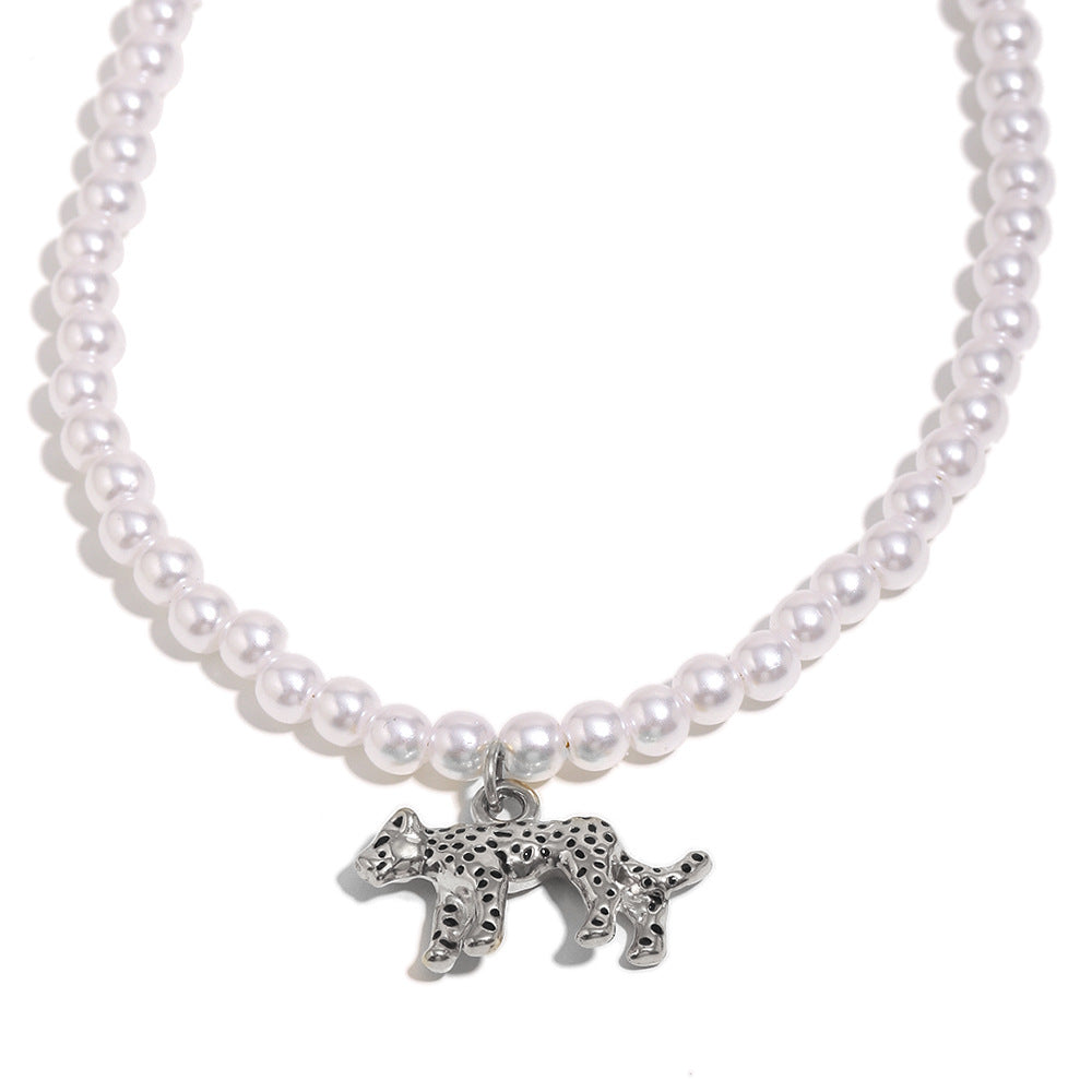 Minimalist Hollow Tiger Pendant Necklace for Women in Stainless Steel with 18K Gold Plating and Simulated Pearl Accents