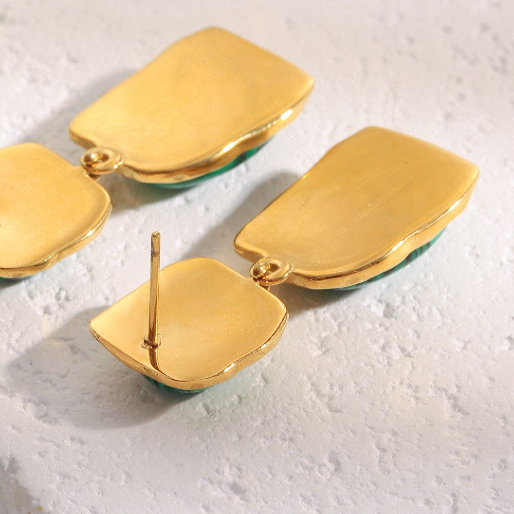Luxury Geometric Stainless Steel Earrings with 18K Gold Plating and Malachite Pendant