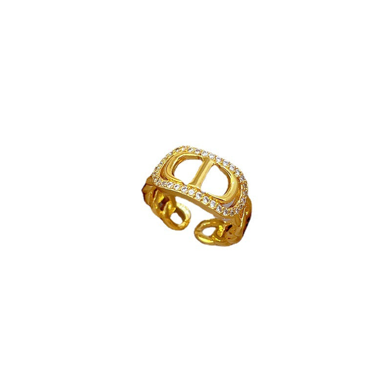 Anillo abierto ajustable minimalista para mujer con forma de corona, banda de latón e incrustaciones de circonita, joyería de moda en tonos fríos