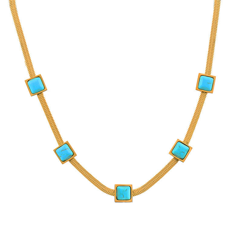Bohemian Geometric Turquoise Square Pendant Necklace for Women Titanium Steel Snake Chain with Gold Plating