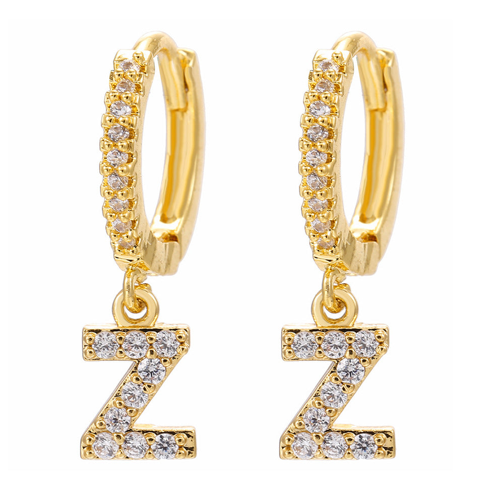 Elegant Gold Plated Letter Cubic Zirconia Inlay Brass Earrings