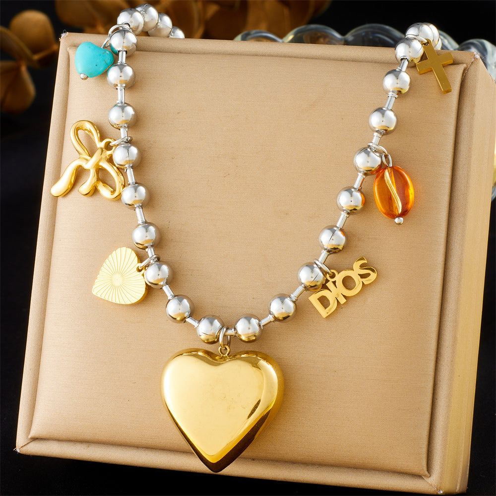 Sweet Cross Heart Bow Drip Oil Eye Pendant Stainless Steel Ball Chain Necklace for Women
