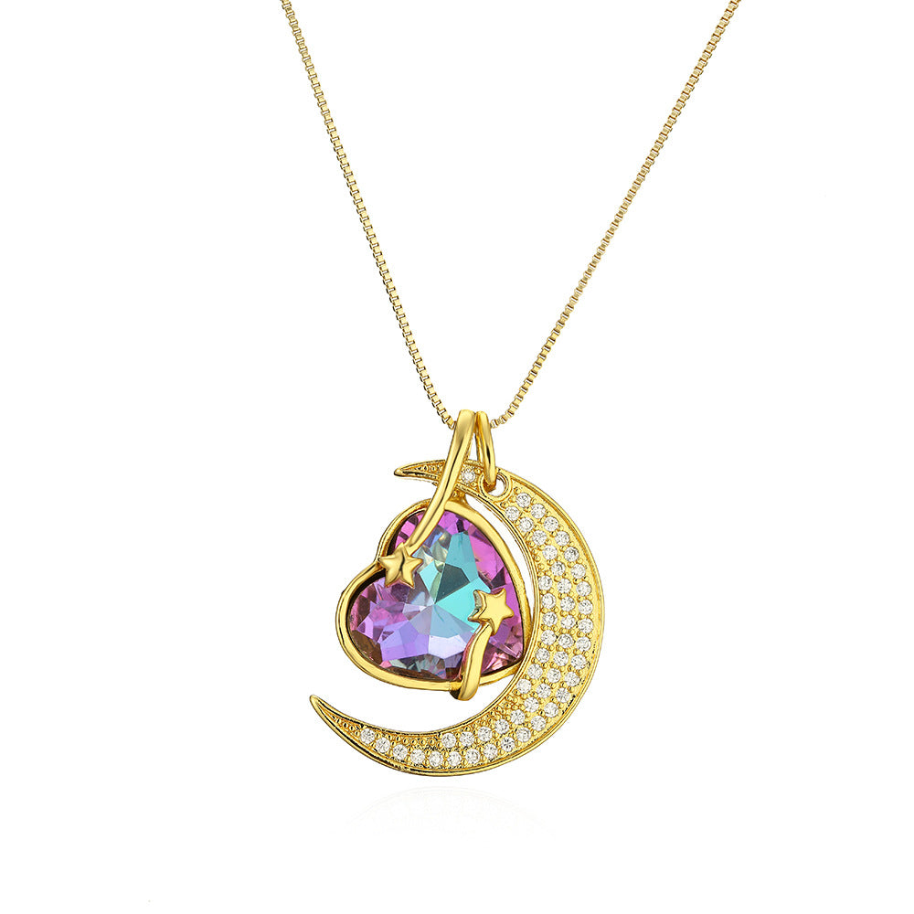 Collana con pendente geometrico a luna e stella da donna con base in rame placcata in oro 18 carati e intarsio in zirconi