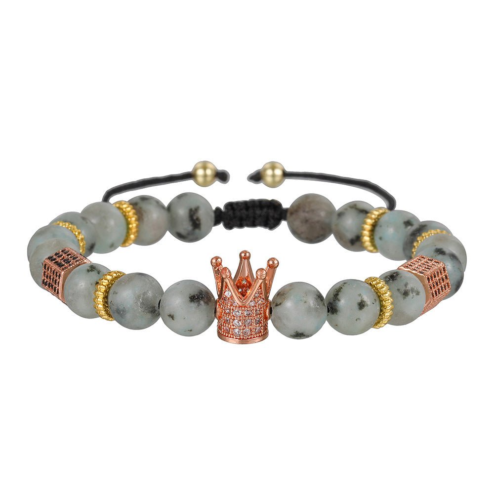 8mm Matte Black Turquoise Cubic Zirconia Crown Bracelet Adjustable Unisex Brass Jewelry