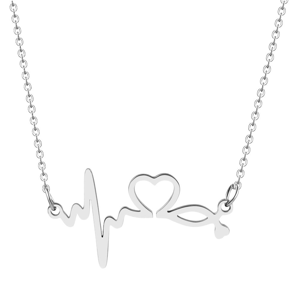 Casual Heart Geometric Titanium Steel Plated EKG Heartbeat Necklace for Unisex
