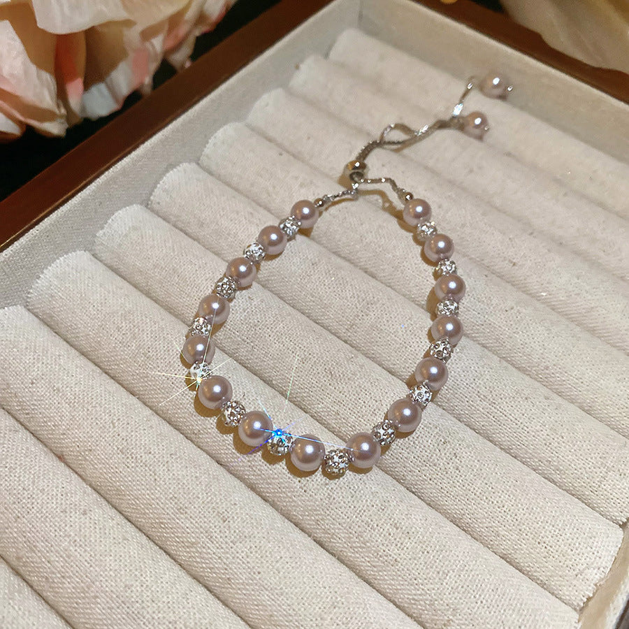 Elegante pulsera geométrica de perlas para mujer con detalles de pedrería, acabado chapado, estilo minimalista para oficina, joyería de lujo para uso diario