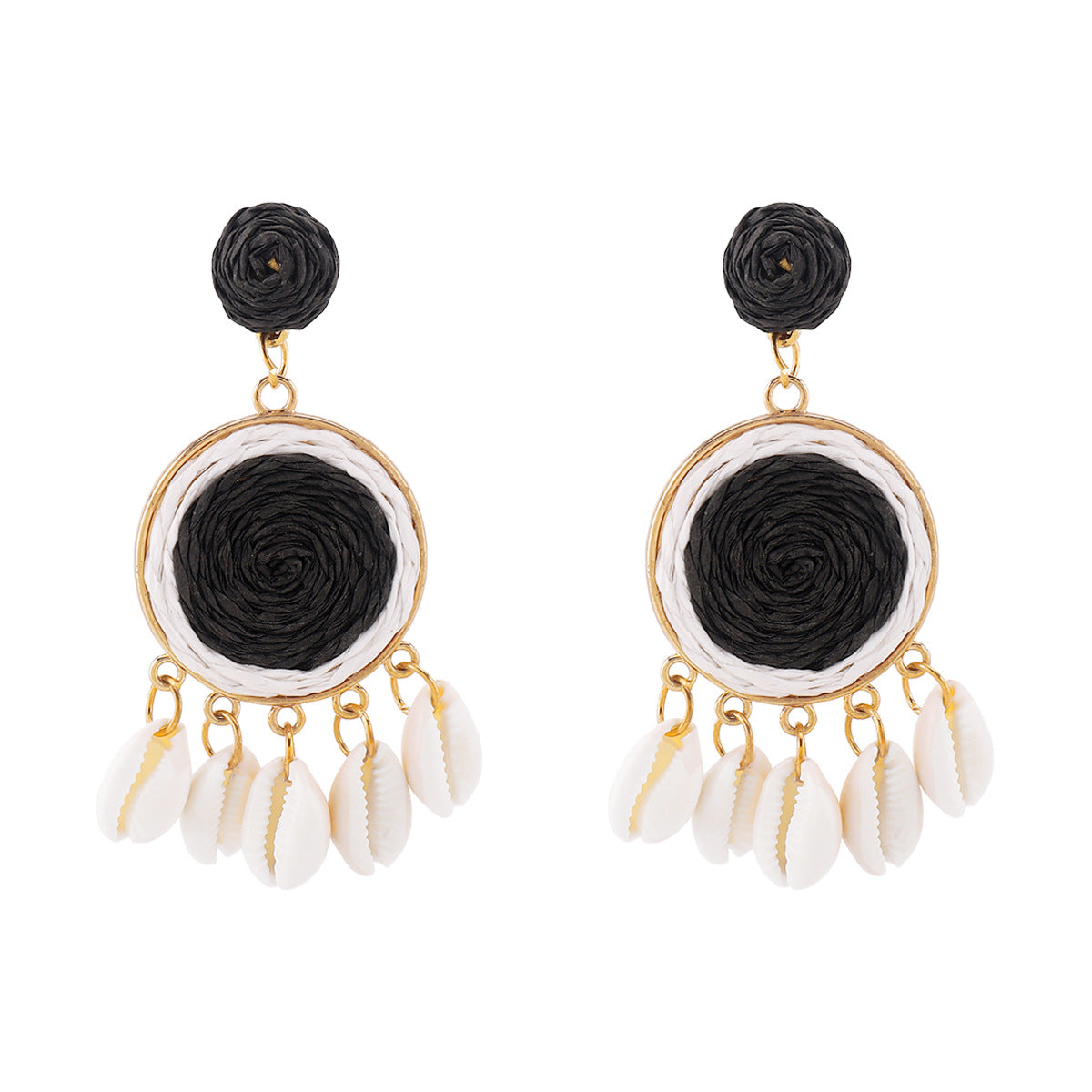 Pendientes de aleación con diseño geométrico y rafia de estilo dulce con detalles de conchas para mujer, joyería para vacaciones de verano
