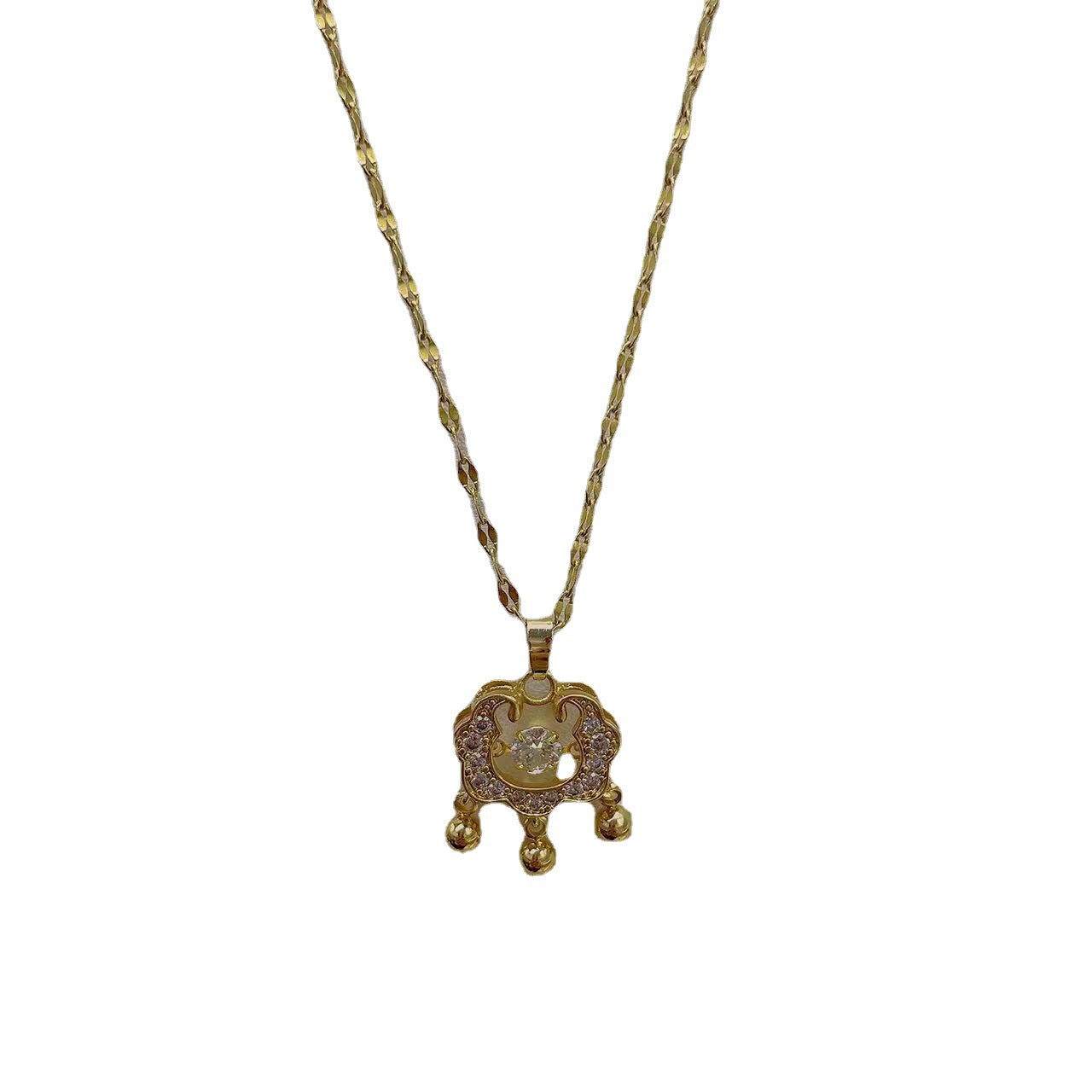 Geometric Longevity Lock Pendant Necklace in Titanium Steel with Gold Plating on Water Wave Chain