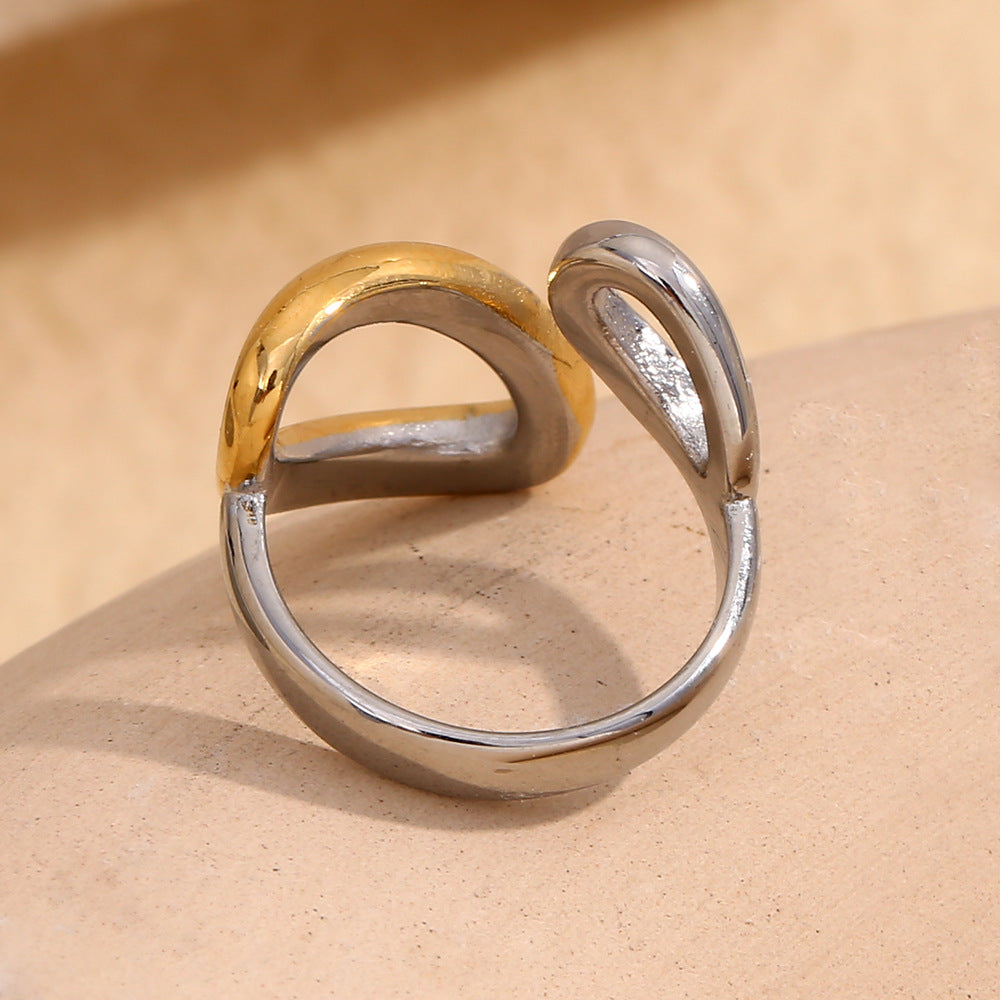 Minimalist Creative Geometric Stainless Steel Plated 18K Gold Two-Tone Open Drop-Shaped Ring for Women