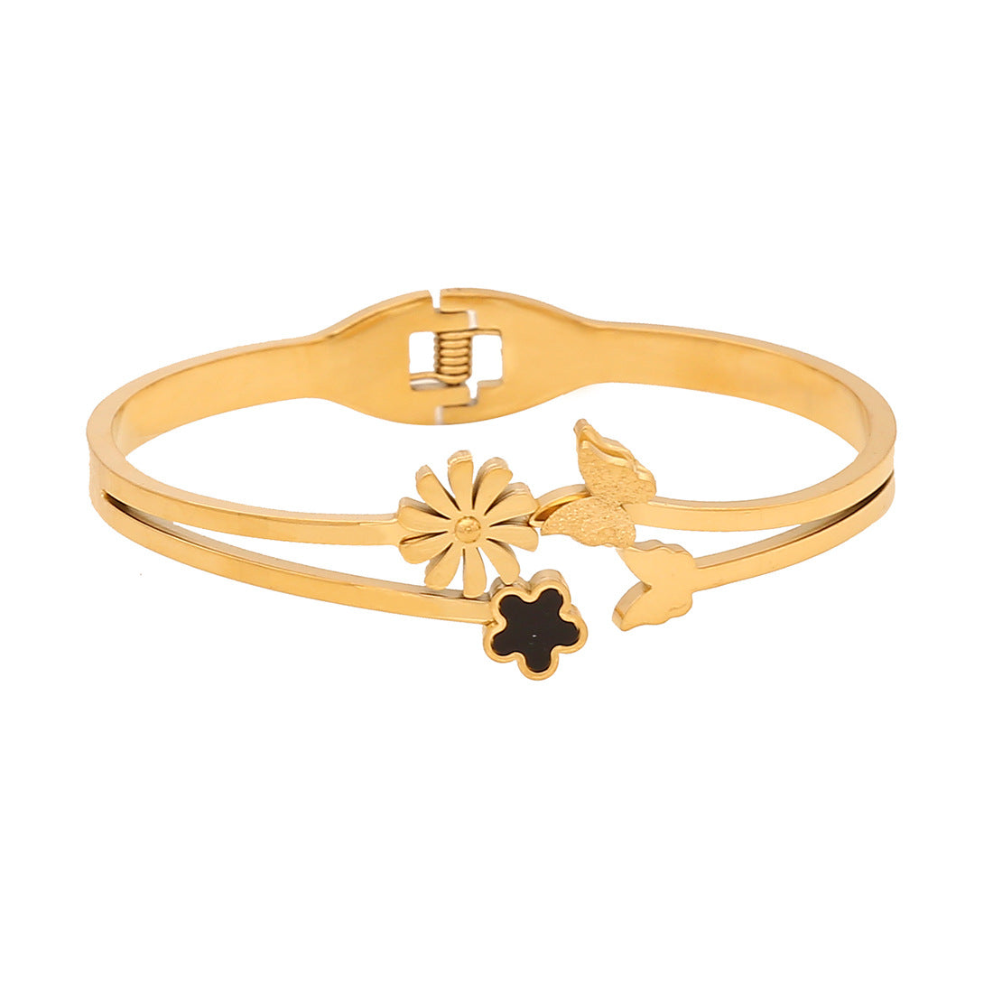 Fashionable Floral Heart Butterfly Stainless Steel Bracelet with Plated Finish for Women
