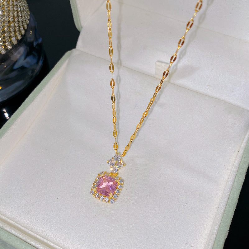 Sweet Colorful Cubic Zirconia Geometric Square Pendant Titanium Steel Necklace Cable Chain