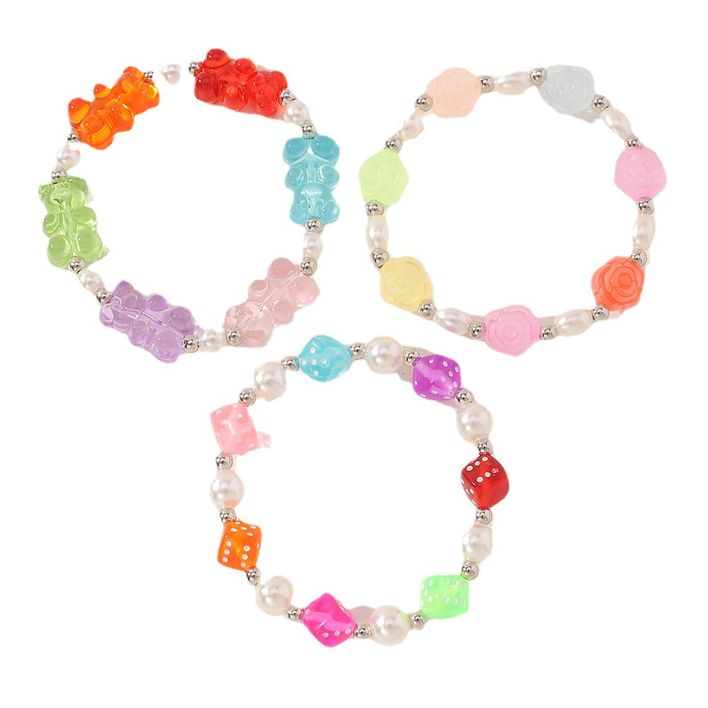 Pulsera de flores con dados de oso transparente de resina artesanal de color caramelo para niñas