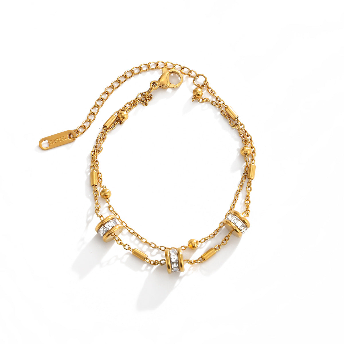 Luxury Elegant 18K Gold Plated Stainless Steel Geometric Round Rhinestone Bracelet for Women