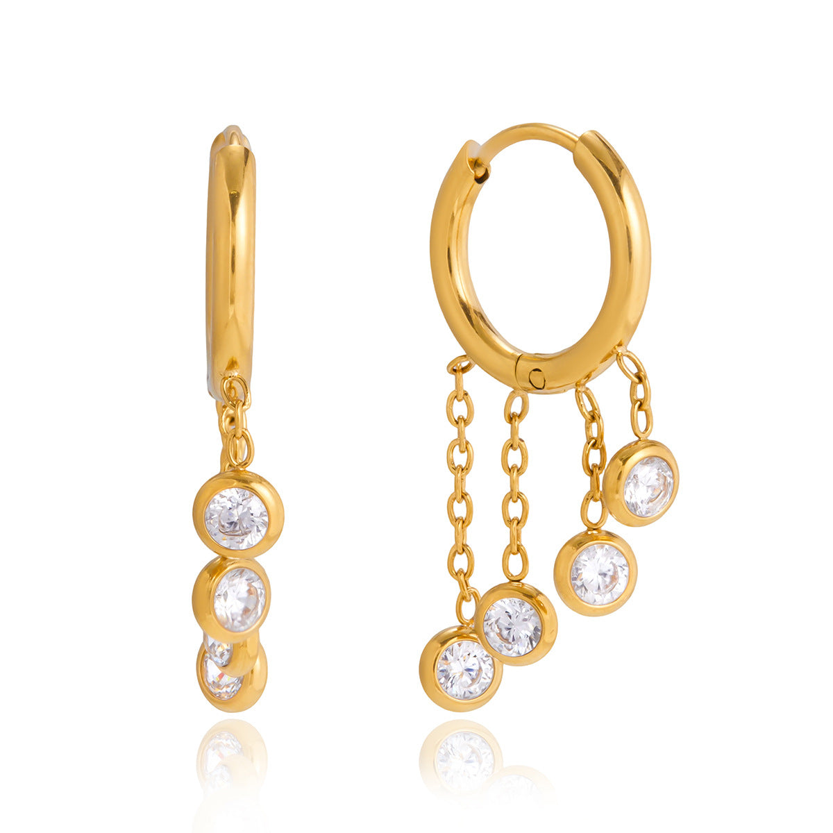 Geometric Stainless Steel Gold Plated Cubic Zirconia Tassel Earrings for Women