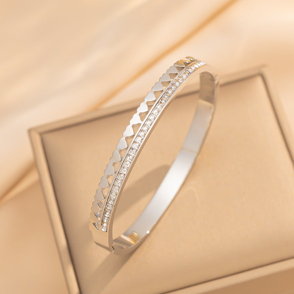 Fashion Stainless Steel Heart-Shaped Tennis Bracelet with Full Rhinestone Inlay for Women