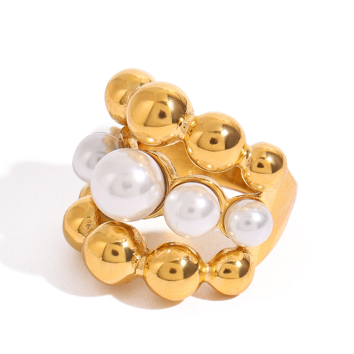 Elegant Geometric Stainless Steel Plated Ring with Pearl Inlay for Women
