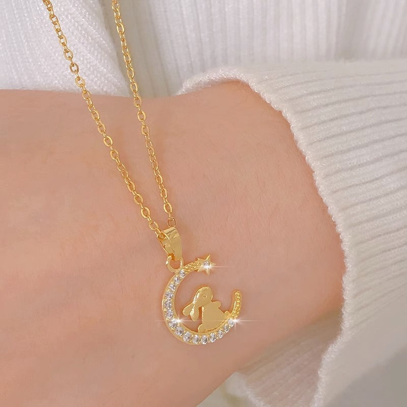 Minimalist Moon and Rabbit Pendant Necklace in Titanium Steel with Gold Plating for Women