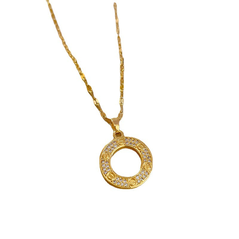 Collana girocollo da donna in acciaio al titanio di lusso, con ciondolo geometrico a cerchio e intarsio di strass, delicata