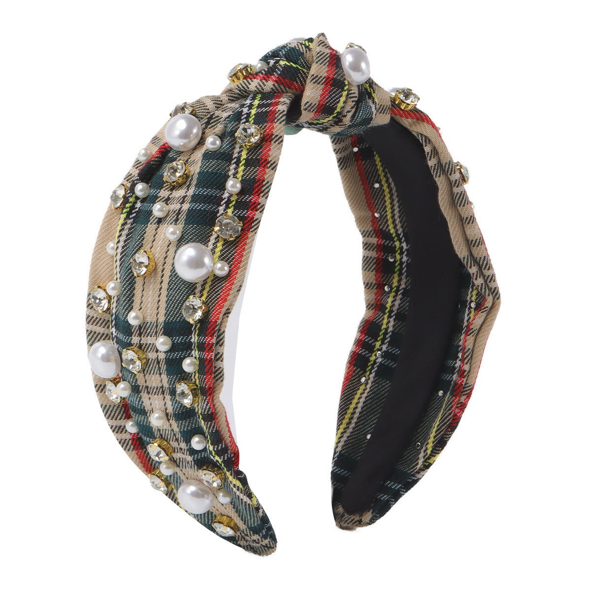 Diadema de tela con perlas y cuadros geométricos de estilo vintage chic para mujer, con incrustaciones de diamantes de imitación y banda ancha anudada
